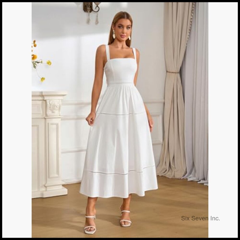 Summer Corset Midi Dress Elegant Square Neck Flowy A Line Wedding Guest - Picture 5 of 7